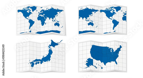 Collection of blue world and country maps with a crumpled paper effect, representing global geography, exploration, and travel planning on a textured white surface