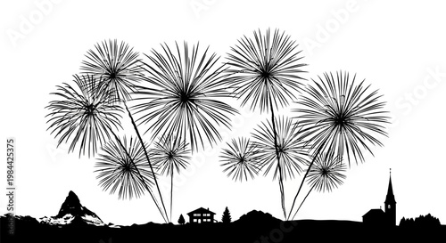 Dandelion flowers in black silhouette.