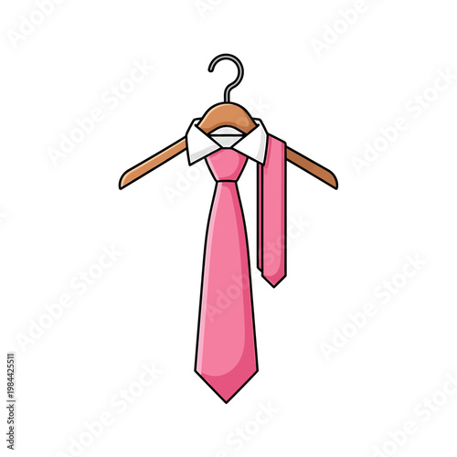 Pink Necktie and White Shirt Collar on Wooden Hanger Illustration
