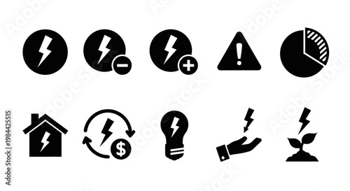 A Dynamic Vector Icon Collection Representing Electricity, Energy Consumption, Renewable Power Concepts, Warning Indicators, and Financial Management