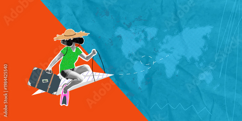 Conceptual digital art collage about summer vacation and travel. A character with binoculars and a straw hat flies on a paper airplane carrying a vintage suitcase. Minimalist style with halftone textu