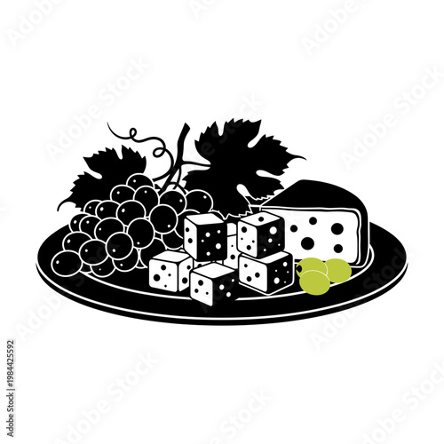 Cheese and Grape Platter Vector Illustration with Olives