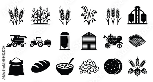 Comprehensive agriculture and farming icons set showcasing various crops, farm machinery, grain storage, and food products for agricultural publications, websites, or educational materials