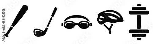 Collection of essential sports and fitness equipment icons featuring a baseball bat golf club swimming goggles bike helmet and dumbbell ideal for active lifestyle branding or health