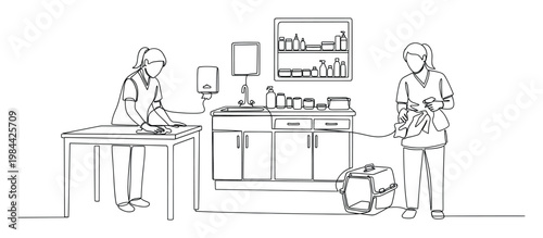 Veterinary assistants diligently cleaning and sanitizing a clinic examination room and pet carrier, emphasizing hygiene protocols for pet care services and medical facility maintenance