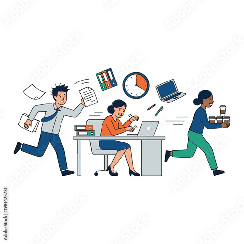 Busy office workers rushing around a desk with papers and laptops