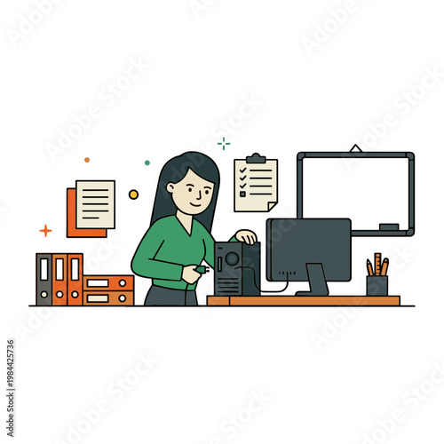 Woman standing at office desk with computer and papers on table