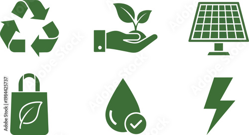 Green energy and sustainability icons representing environmental responsibility concepts