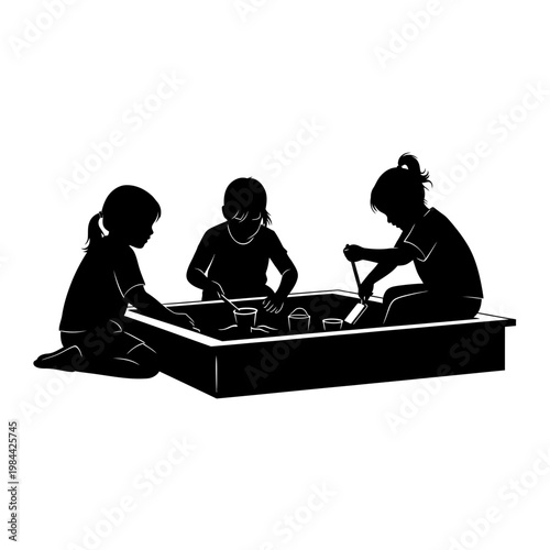 Silhouette of children playing together in a sandbox vector illustration