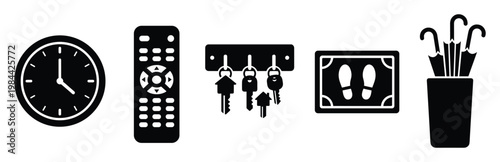 Essential household items featuring a wall clock, TV remote, house keys on hanger, doormat with footprints, and umbrella stand, useful for home organization and domestic living concepts.