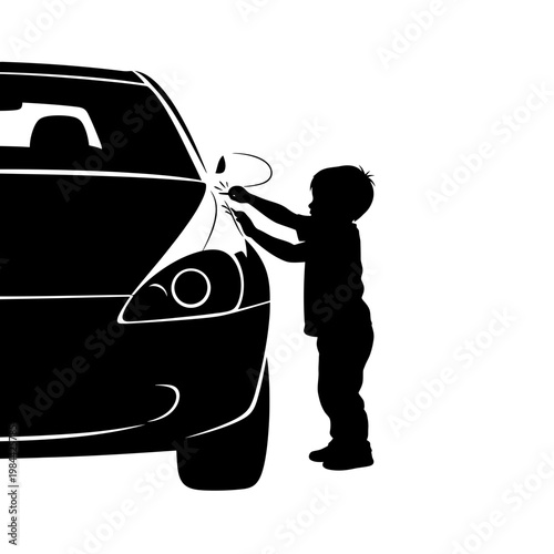 Child Scratching Car Surface Silhouette Vector Illustration