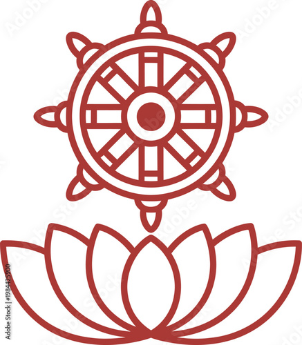 Buddhist Dharma Wheel and Lotus Flower Symbol in Red Outline