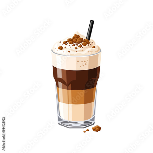 Iced Layered Latte with Whipped Cream and Cookie Crumbles Vector