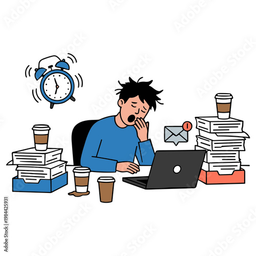 Man stressed at desk with laptop phone books and coffee