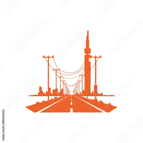 Orange silhouette of a highway leading to a city with power lines