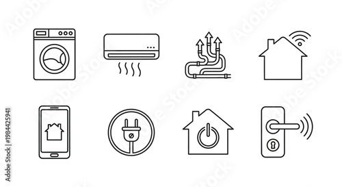 Modern smart home technology and household appliance line icons, illustrating interconnected systems for automation, energy management, and remote control of integrated living spaces
