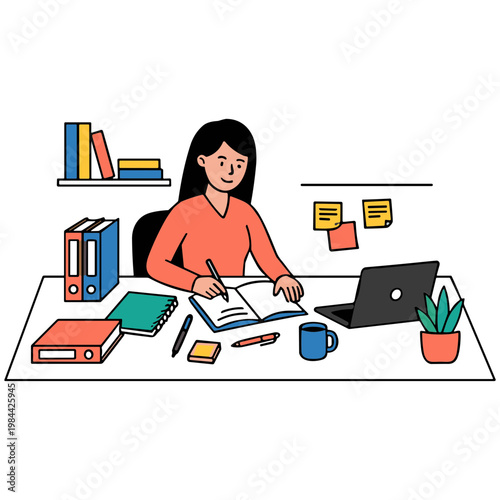A woman is studying at her desk with books and laptop