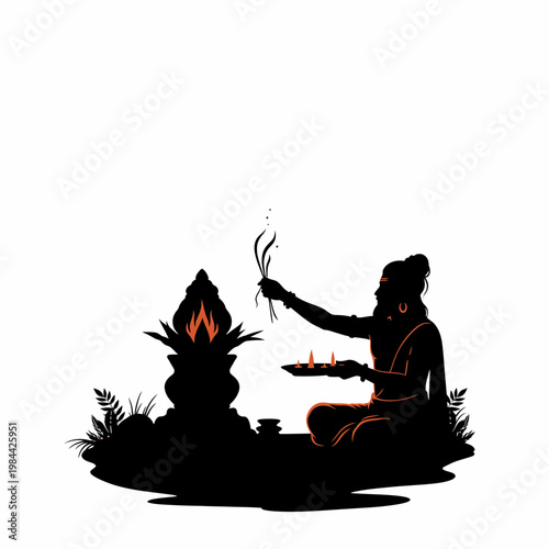 Hindu Priest Performing Sacred Havan Fire Ritual Silhouette