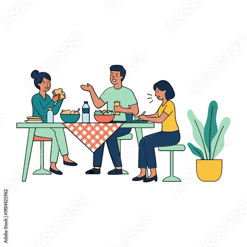 People sitting at table eating food together indoors