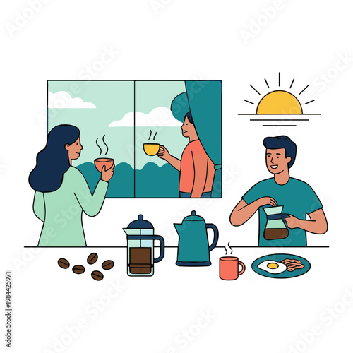 A couple enjoys coffee together at a sunny morning breakfast table indoors