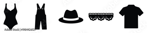 Diverse black silhouette clothing and accessory icons featuring a swimsuit, overalls, fedora hat, decorative trim, and collared shirt, ideal for modern graphic design and digital media