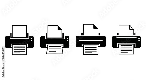 Collection of four black and white minimalist icons depicting different models of printers and printing machines