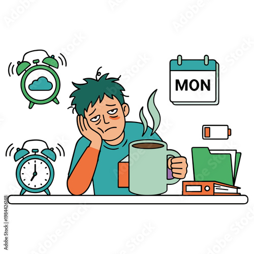 Man sitting at desk feeling stressed on Monday morning with coffee