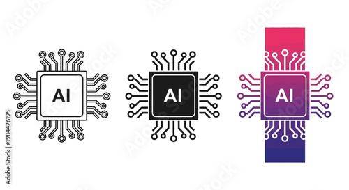 Artificial Intelligence Processor Icon Set - A Trio of AI Chip Designs in Various Styles