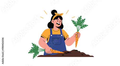 smiling girl in a blue apron harvesting fresh orange carrots from a garden soil bed for organic farming and healthy food concepts.