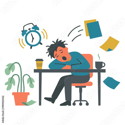 Man falls asleep at desk surrounded by papers and coffee