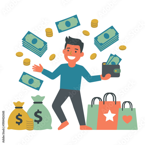 A man happily holds cash and wallet with money bags and shopping bags nearby.