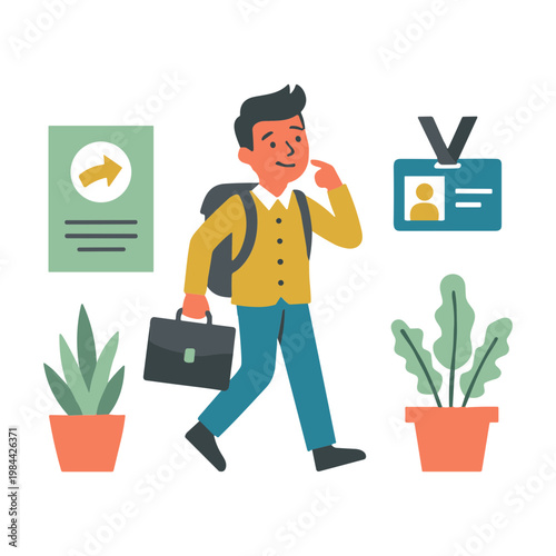 Man walks to work with briefcase and talks on phone with ID and papers