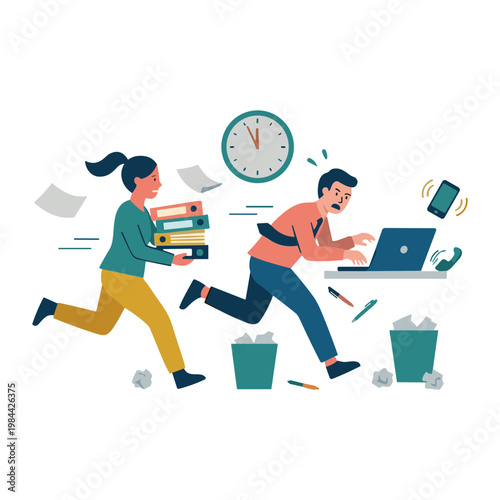 Busy office workers rushing to meet deadline with cluttered desks