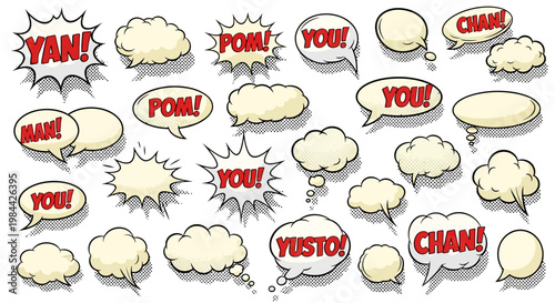 A vibrant collection of diverse cartoon speech bubbles and thought clouds, featuring expressive exclamations and dialogue elements for compelling visual communication and graphic design