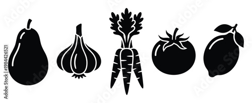 Stylized black silhouette icons of common fruits and vegetables including pear, garlic, carrots, tomato, and lemon, ideal for healthy eating designs and nutritional content graphics.