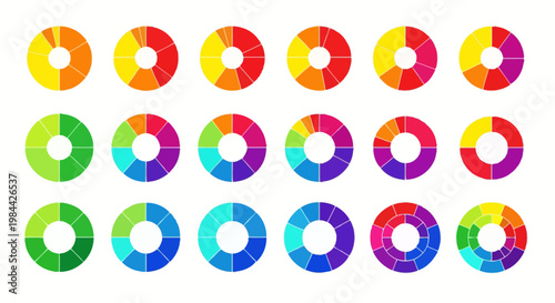 A comprehensive collection of vibrant circular color charts and spectrum palettes illustrating diverse gradients and harmonious transitions, perfect for graphic design and visual projects