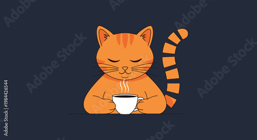 ginger tabby cat sitting at a table holding a white mug of steaming coffee against a dark background for cozy morning or cafe themes.