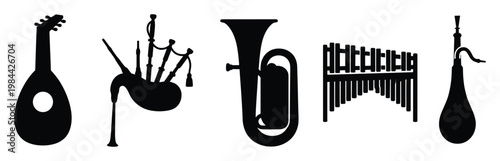 Collection of diverse traditional and classical musical instrument silhouettes offering a versatile resource for educational materials, music related promotions and cultural event branding