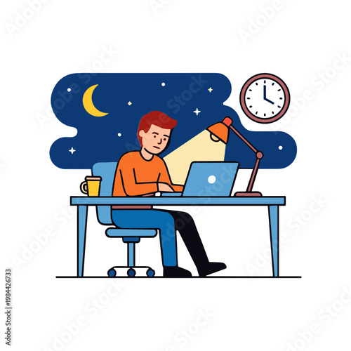 Man studies late at night with laptop clock and lamp on desk