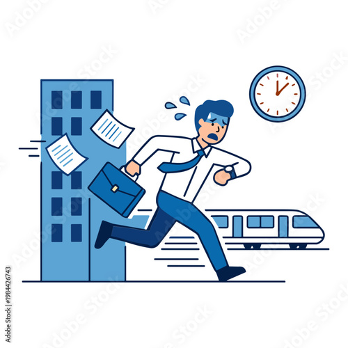 Businessman rushing to catch train with briefcase and papers near city building