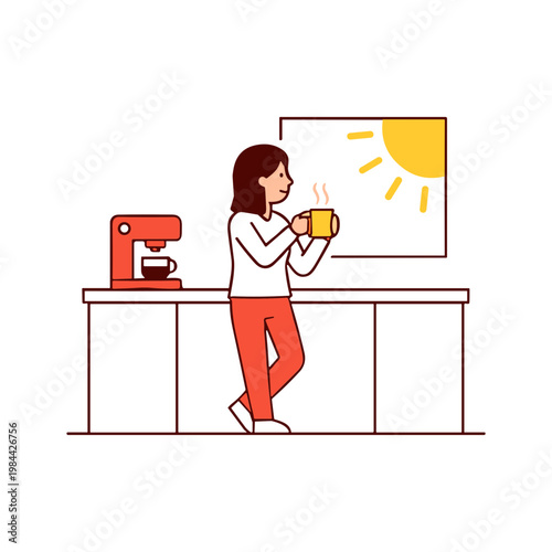Woman stands at kitchen counter with coffee mug and espresso machine.