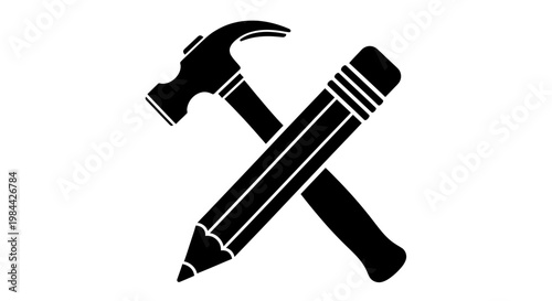 Black silhouette icon of a crossed hammer and pencil, symbolizing craftsmanship, construction, and creative design, ideal for illustrating skilled trades, innovation, and artistic projects