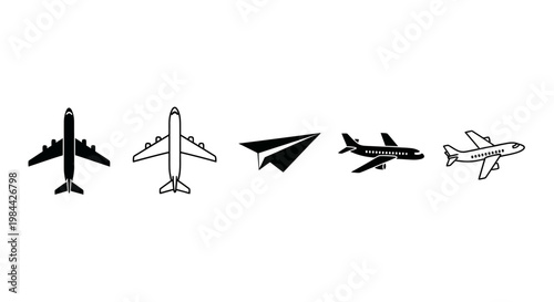 Diverse airplane icons collection, featuring modern jetliners, abstract outlines, and a classic paper plane, representing travel, aviation, and global connections