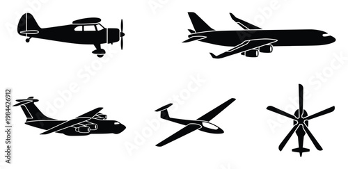 Diverse aircraft silhouettes featuring passenger jet, propeller plane, cargo transport, glider, and helicopter for aviation industry, air travel, and flight education applications.