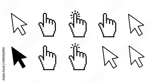 Collection of pixelated mouse cursors and pointer icons, including arrow and hand symbols, for digital interfaces and web design