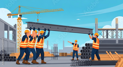 Construction workers in safety gear collaboratively lift a heavy steel beam at a building site, demonstrating teamwork and industrial progress