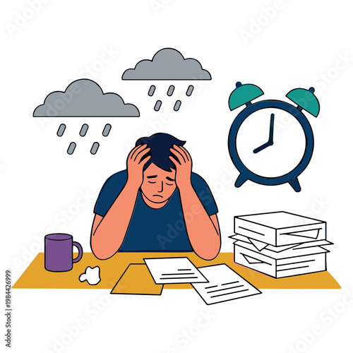 A stressed man sits at a desk with papers and a mug, rubbing his temples under rainy clouds and an alarm clock.