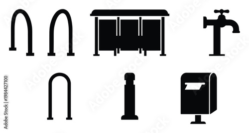 Collection of urban street furniture icons including bike racks bus stop water tap bollard and mailbox suitable for public service applications
