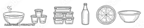 Assortment of kitchen and food items depicted in a clean outline, showcasing bowls, stacked glasses, storage containers, a drink bottle, and a pizza, perfect for culinary and recipe