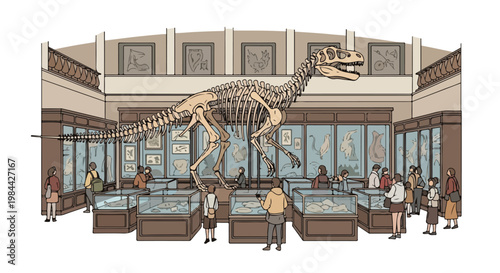 Illustration of a dinosaur skeleton on display in a museum with visitors around exhibit cases and framed pictures on walls.